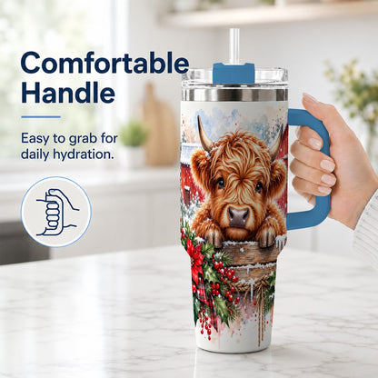 #pl[40oz|Blue] Highland Cow Barn 40oz Tumbler with Handle, Christmas Travel Cup