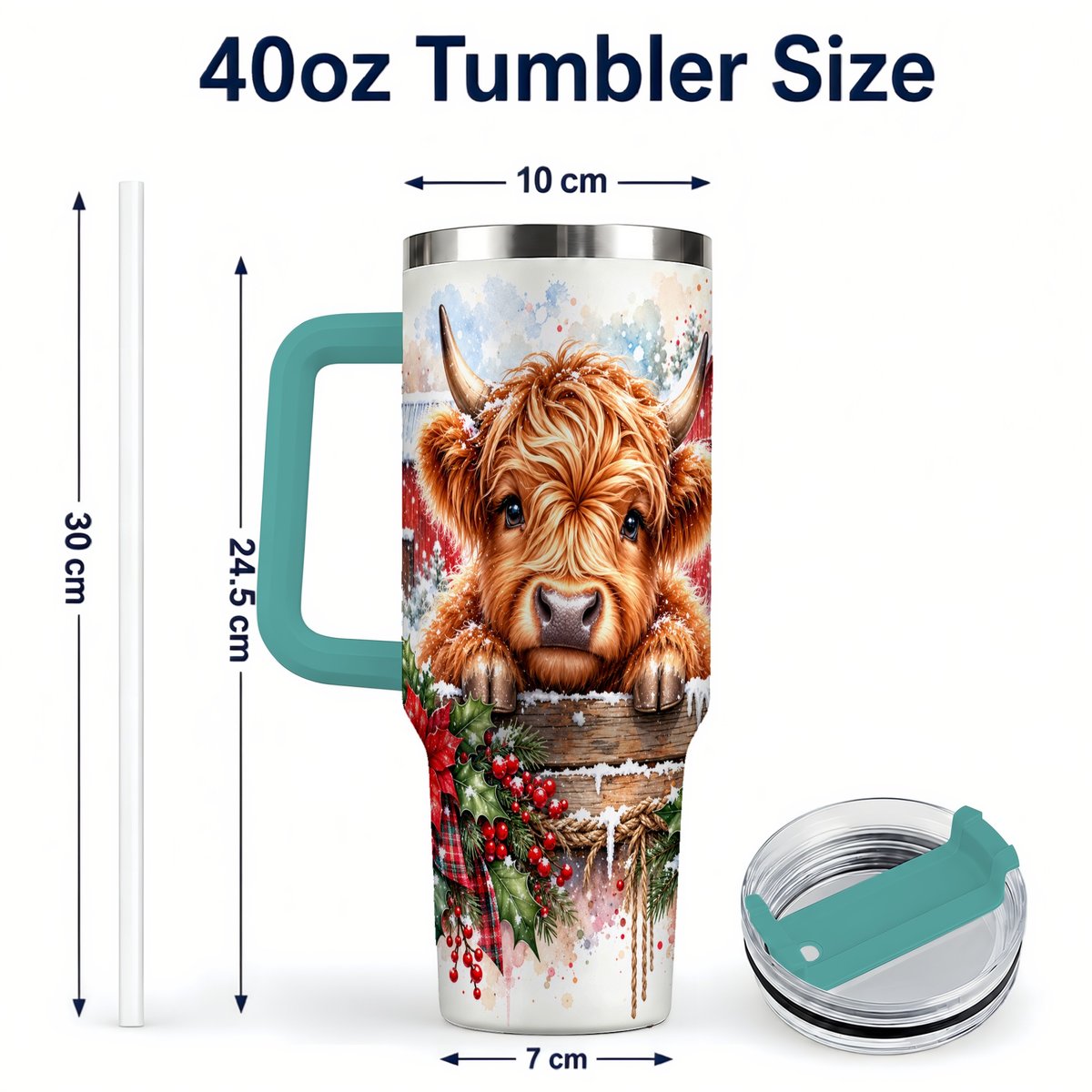 #pl[40oz|Green] Highland Cow Barn 40oz Tumbler with Handle, Christmas Travel Cup