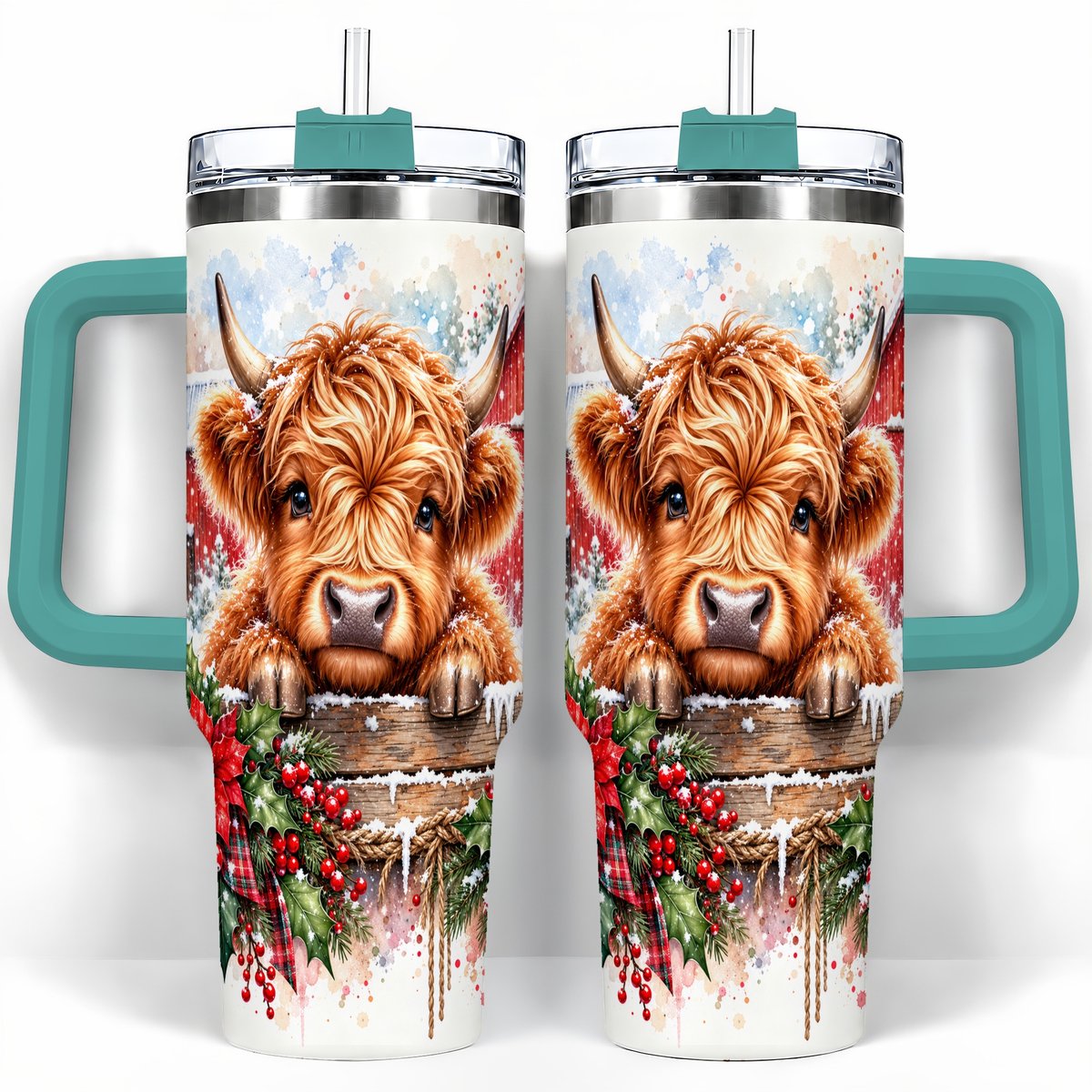 #pl[40oz|Green] Highland Cow Barn 40oz Tumbler with Handle, Christmas Travel Cup