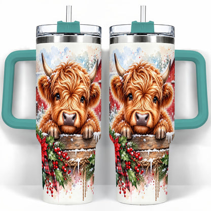 #pl[40oz|Green] Highland Cow Barn 40oz Tumbler with Handle, Christmas Travel Cup
