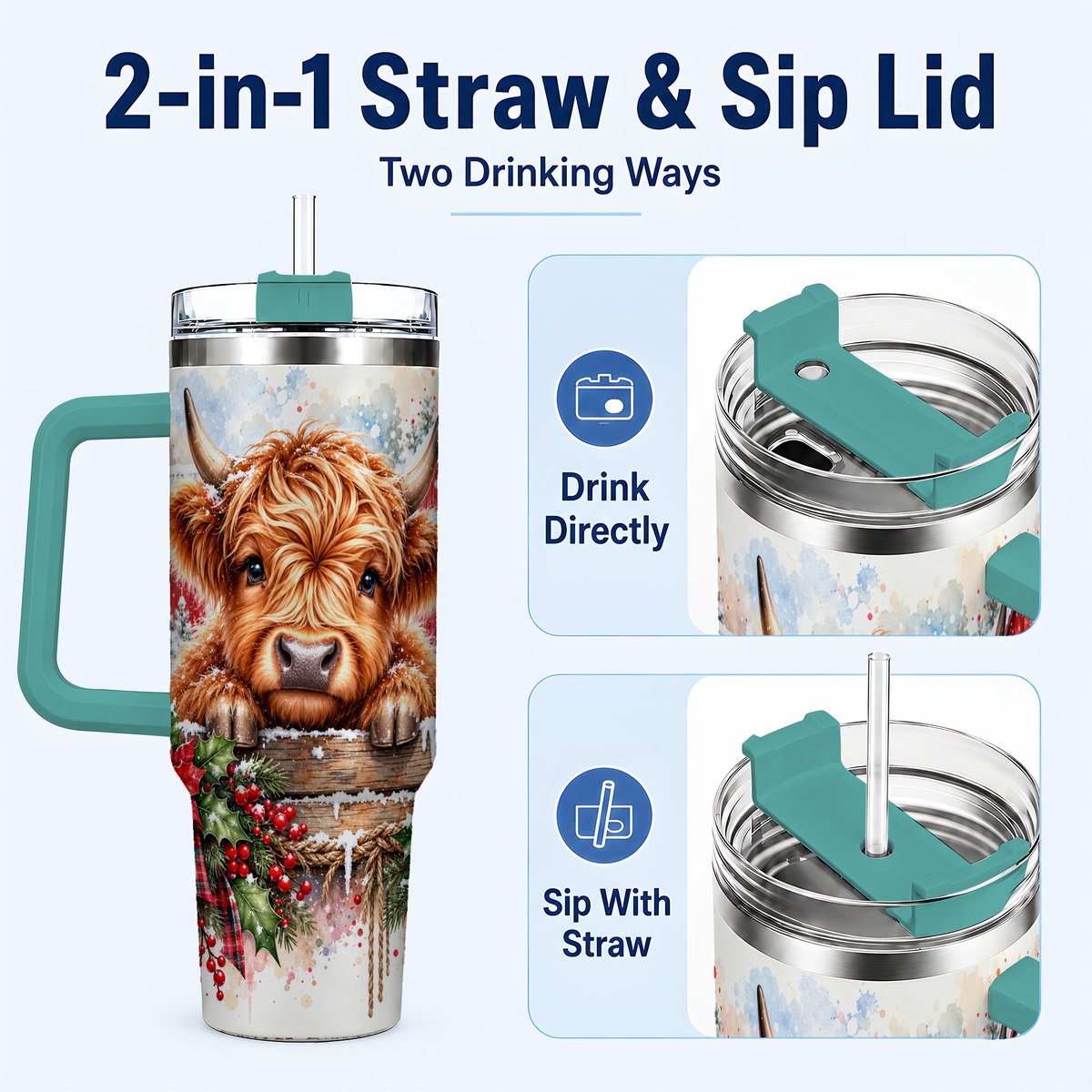 #pl[40oz|Green] Highland Cow Barn 40oz Tumbler with Handle, Christmas Travel Cup