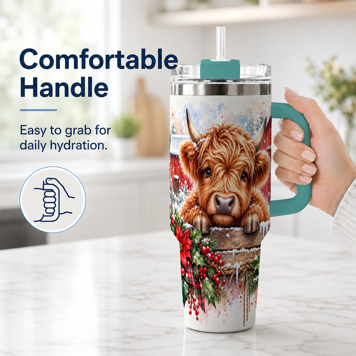 #pl[40oz|Green] Highland Cow Barn 40oz Tumbler with Handle, Christmas Travel Cup
