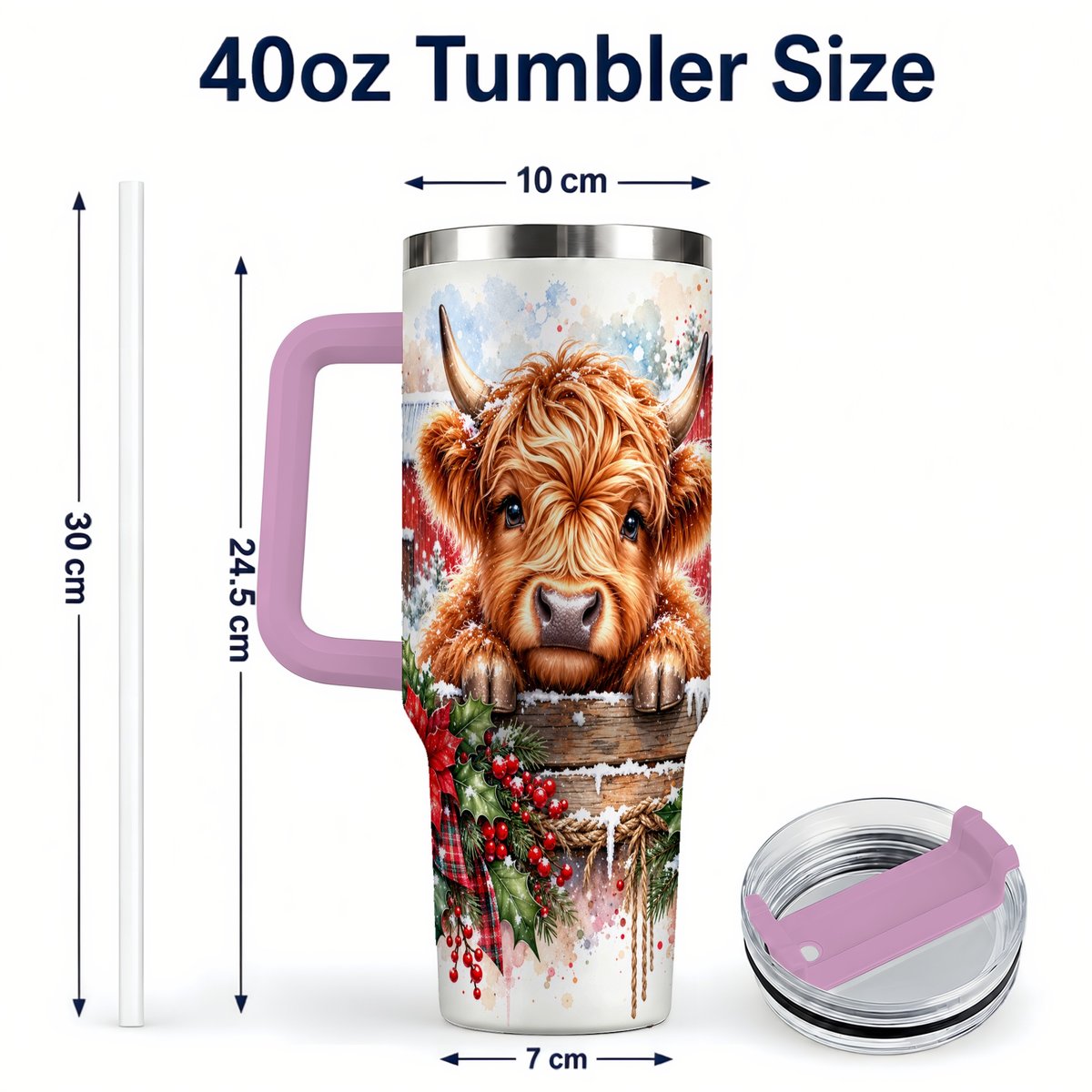 #pl[40oz|Pink] Highland Cow Barn 40oz Tumbler with Handle, Christmas Travel Cup