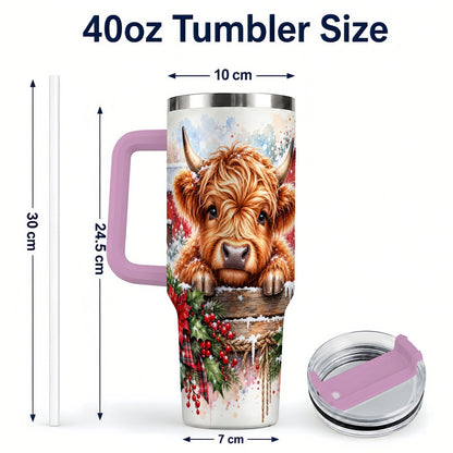 #pl[40oz|Pink] Highland Cow Barn 40oz Tumbler with Handle, Christmas Travel Cup