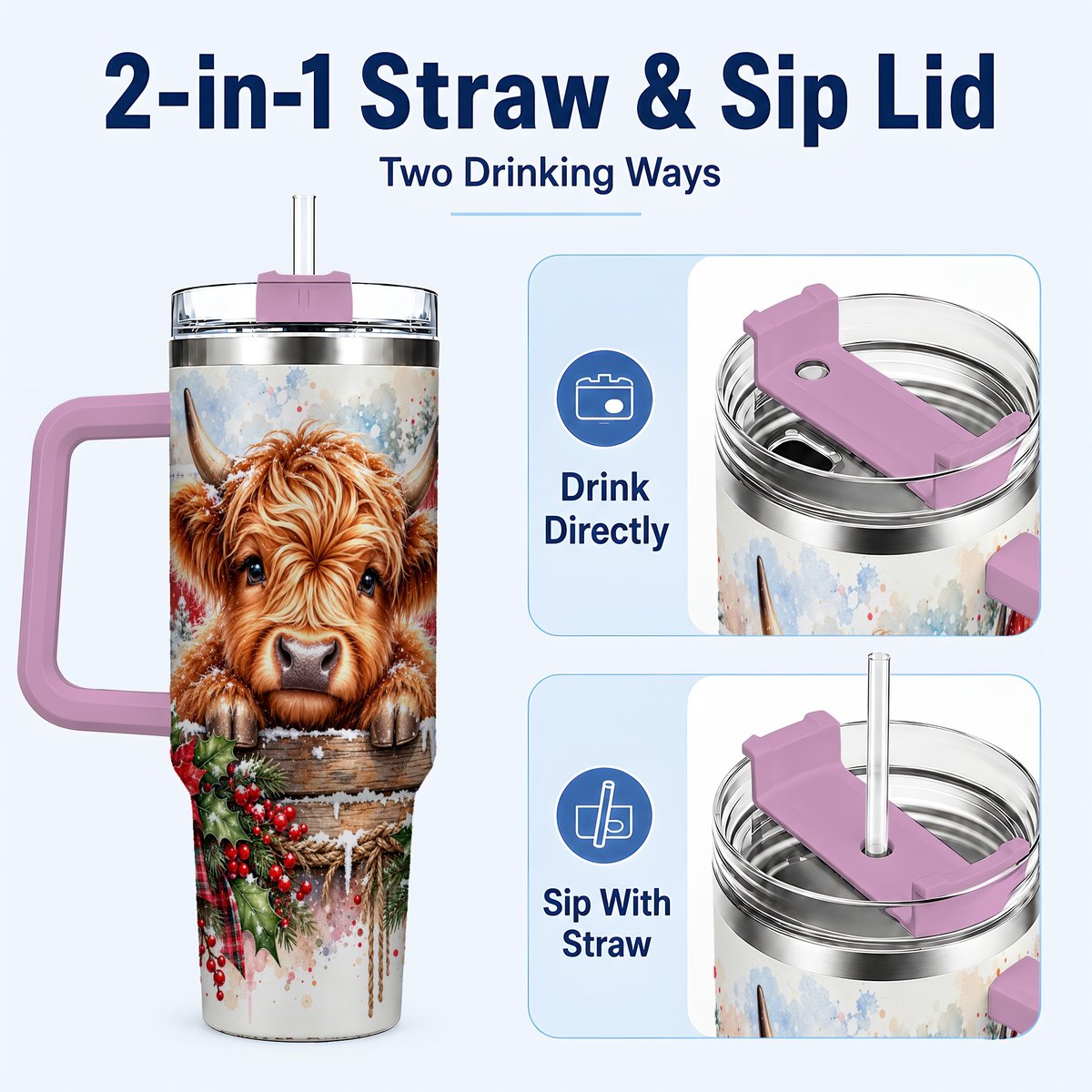 #pl[40oz|Pink] Highland Cow Barn 40oz Tumbler with Handle, Christmas Travel Cup