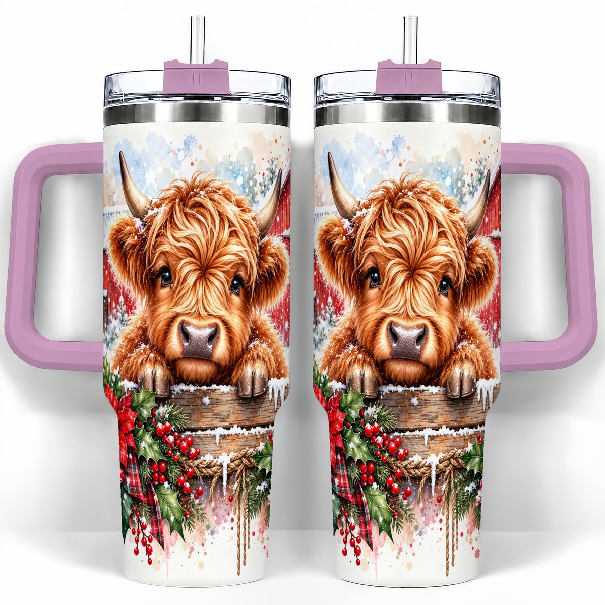 #pl[40oz|Pink] Highland Cow Barn 40oz Tumbler with Handle, Christmas Travel Cup