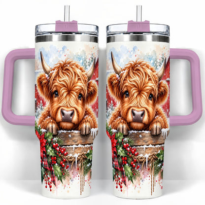 #pl[40oz|Pink] Highland Cow Barn 40oz Tumbler with Handle, Christmas Travel Cup