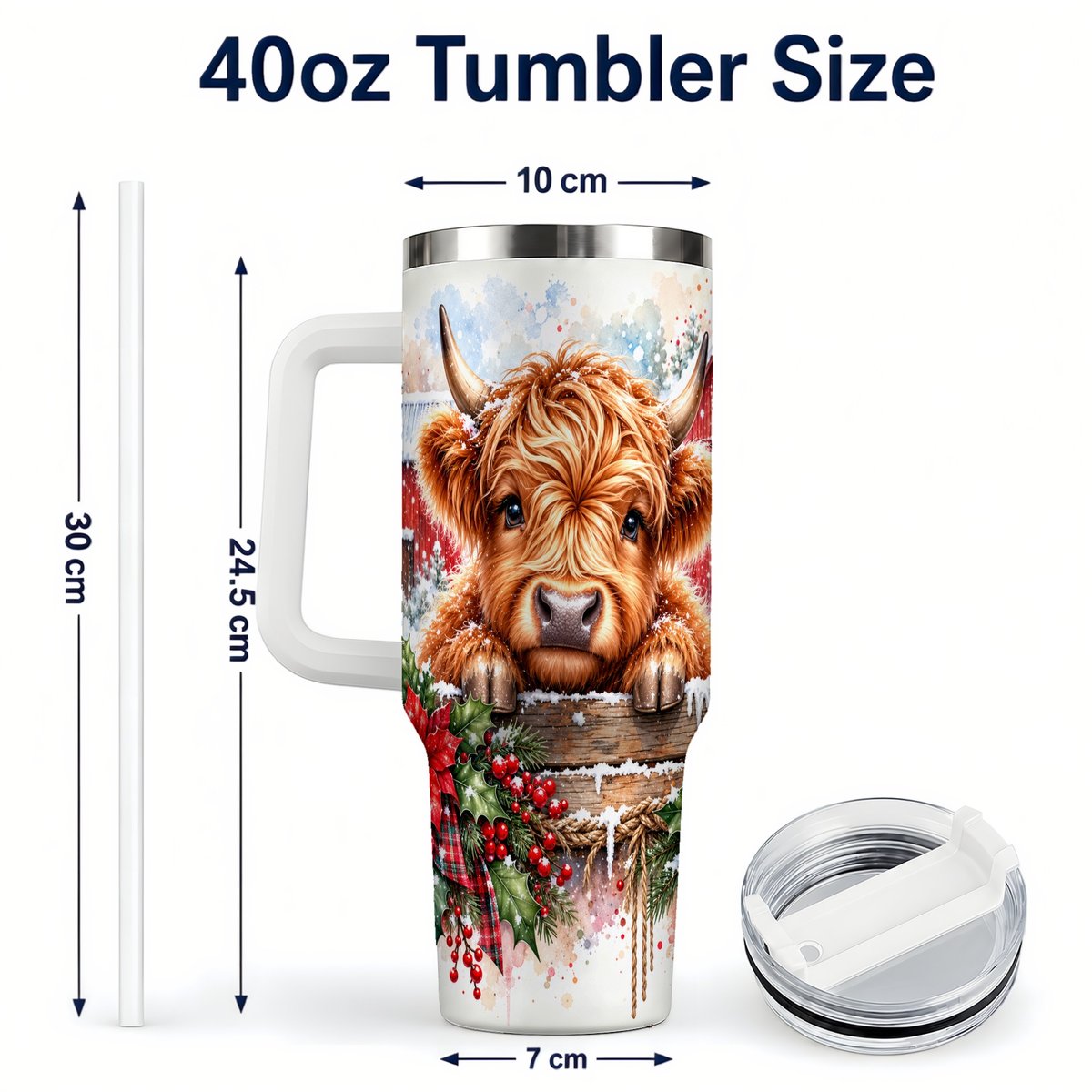 #pl[40oz|White] Highland Cow Barn 40oz Tumbler with Handle, Christmas Travel Cup