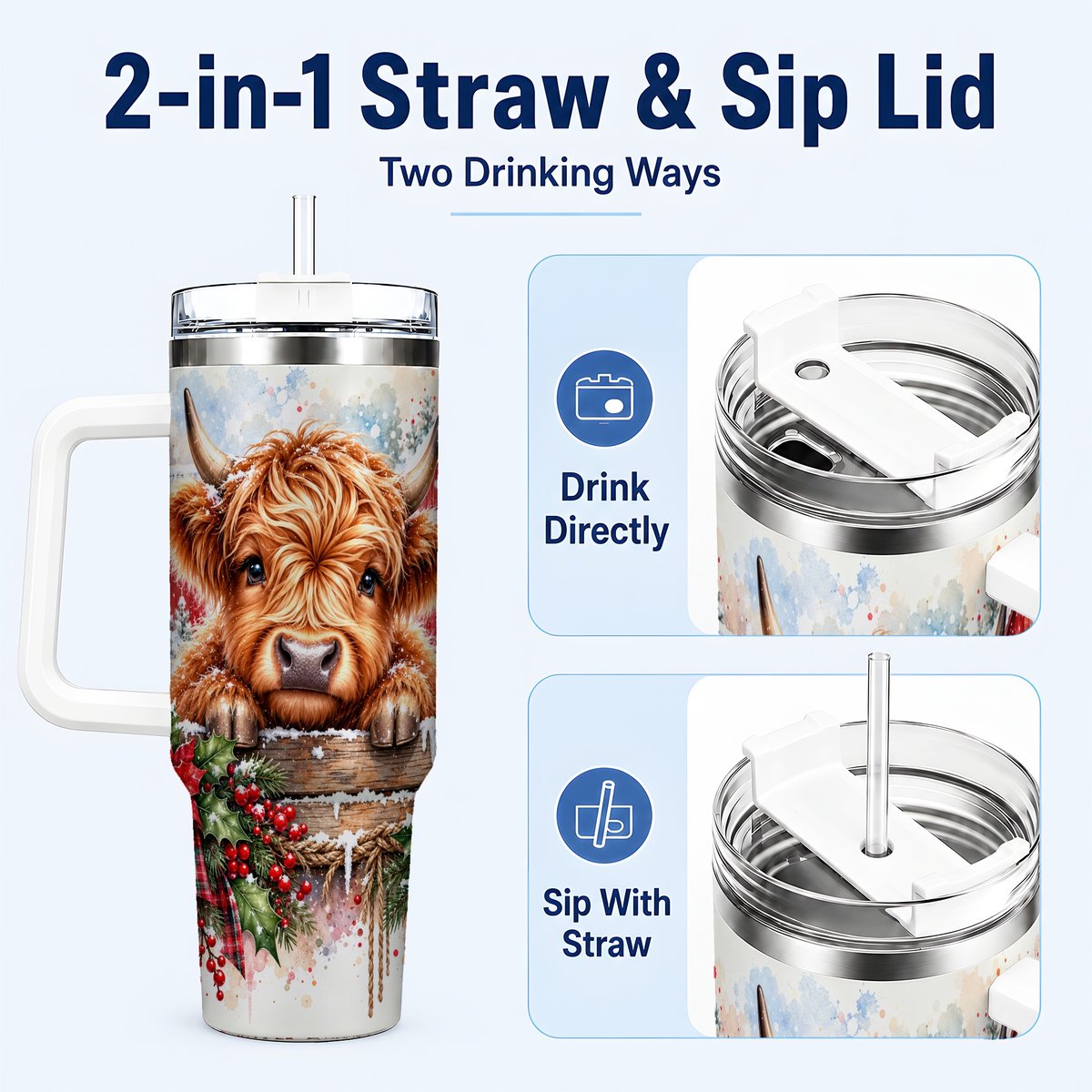 #pl[40oz|White] Highland Cow Barn 40oz Tumbler with Handle, Christmas Travel Cup