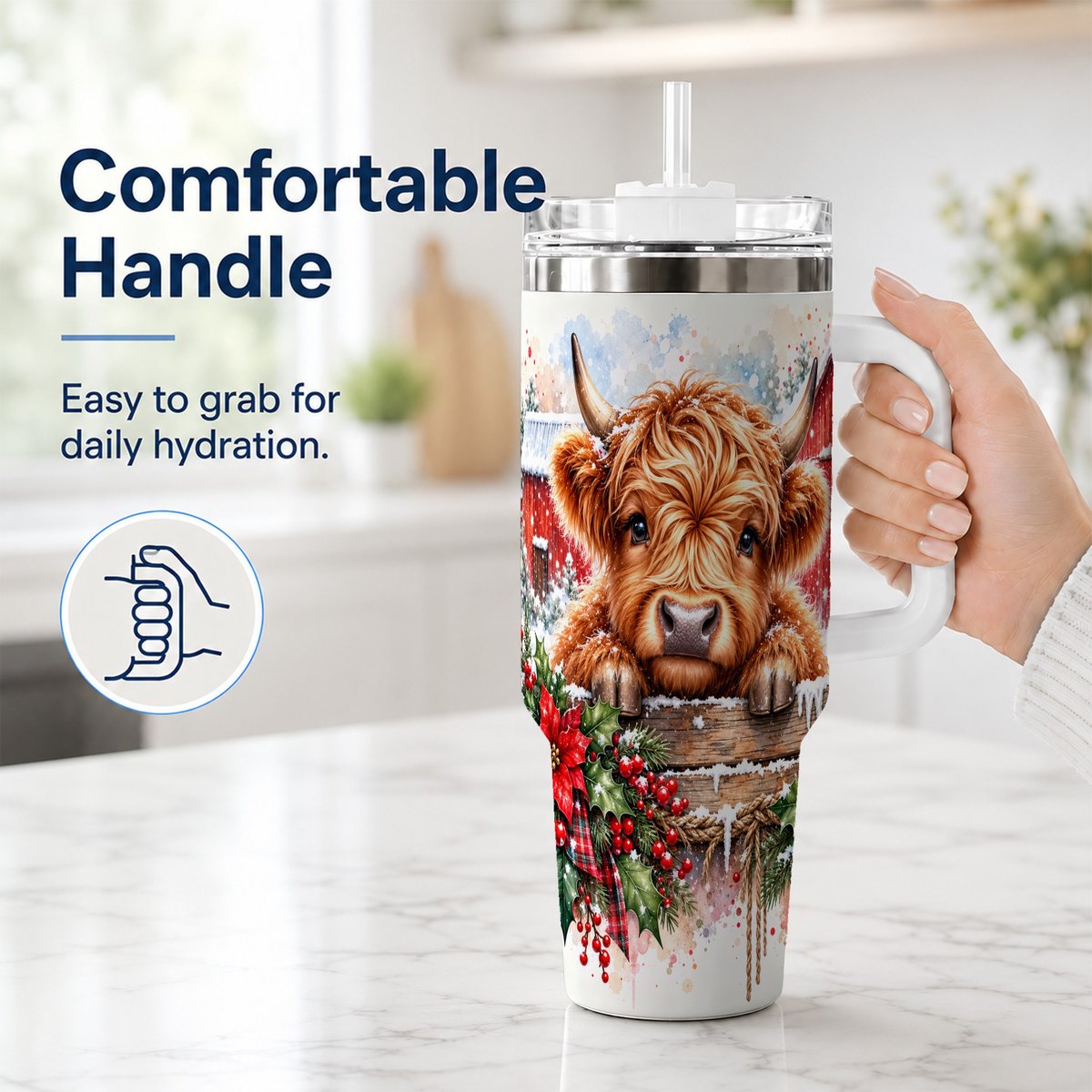 #pl[40oz|White] Highland Cow Barn 40oz Tumbler with Handle, Christmas Travel Cup