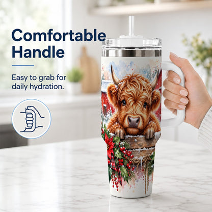 #pl[40oz|White] Highland Cow Barn 40oz Tumbler with Handle, Christmas Travel Cup
