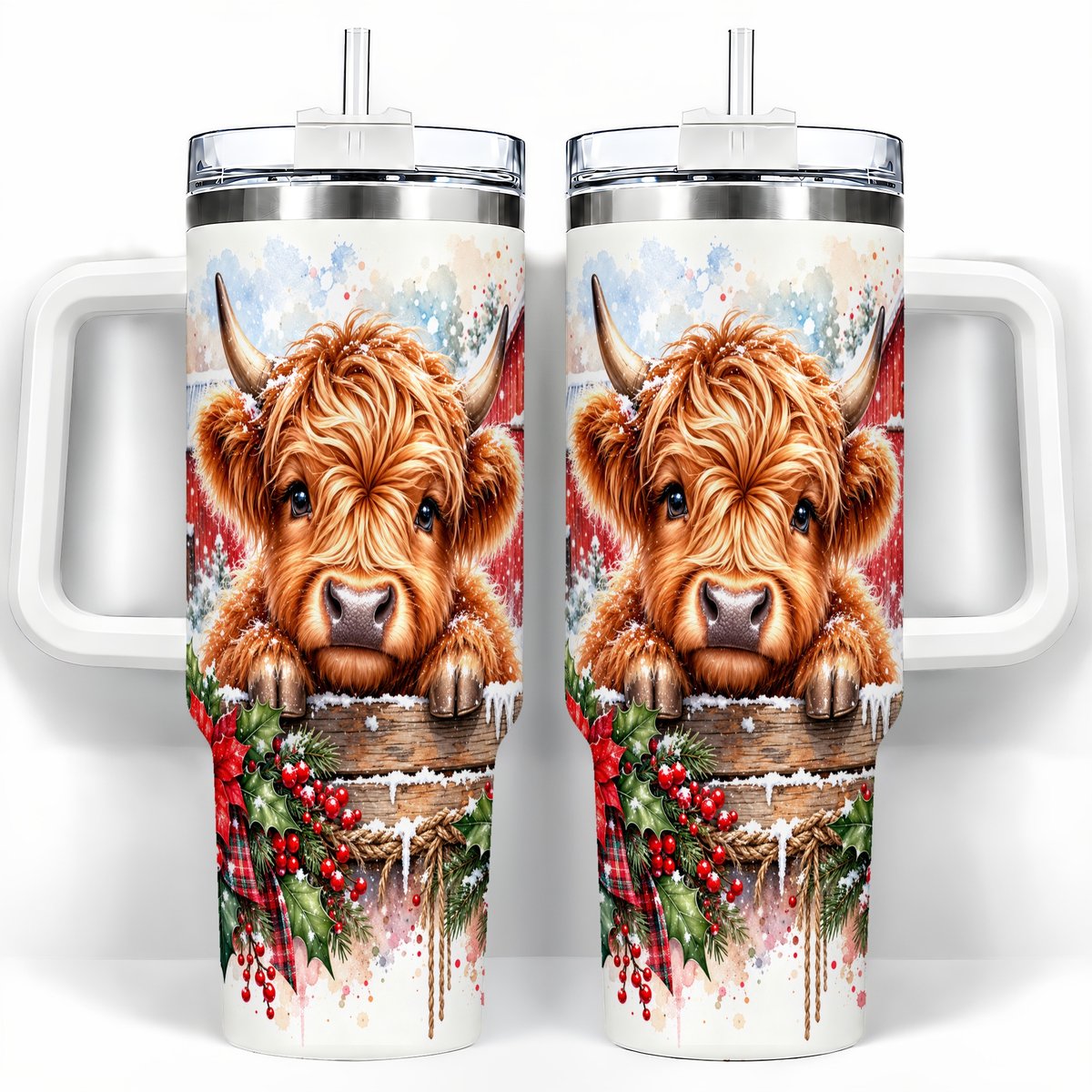 Highland Cow Barn 40oz Tumbler with Handle, Christmas Travel Cup