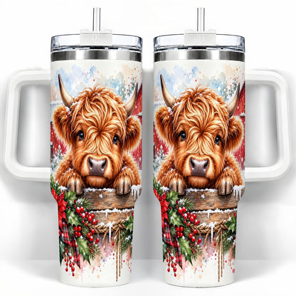 Highland Cow Barn 40oz Tumbler with Handle, Christmas Travel Cup