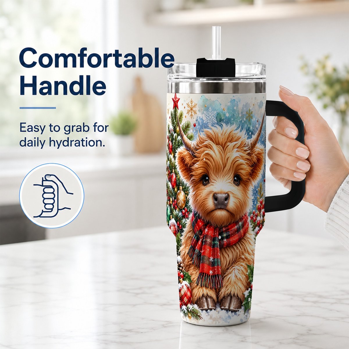 #pl[40oz|Black] Highland Cow Scarf 40oz Tumbler with Handle, Christmas Travel Cup