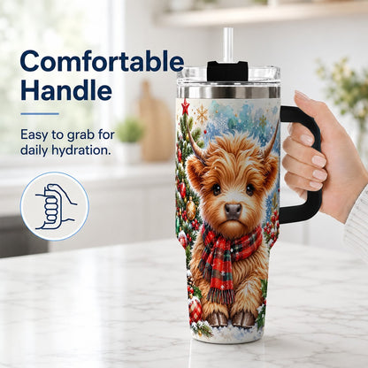 #pl[40oz|Black] Highland Cow Scarf 40oz Tumbler with Handle, Christmas Travel Cup