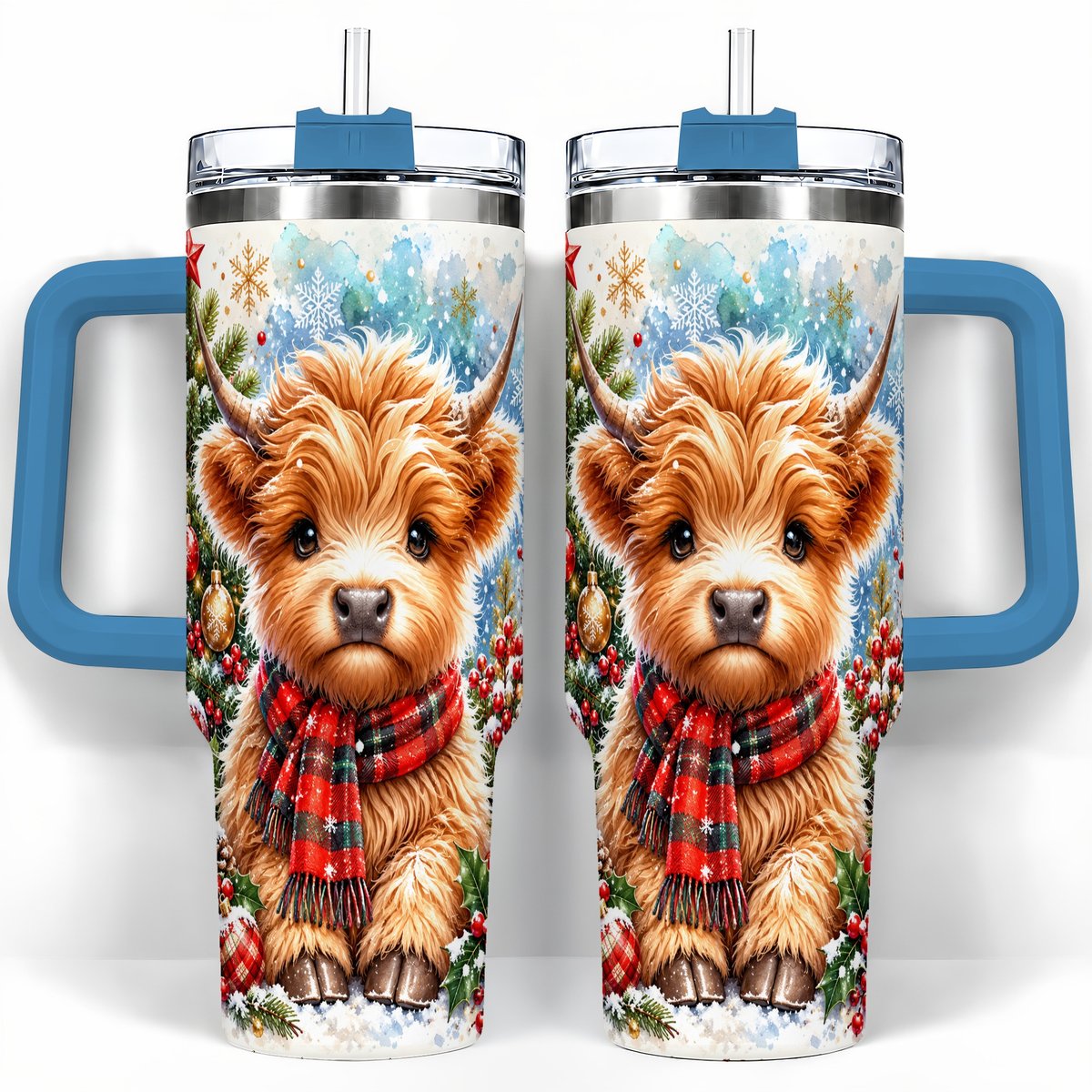 #pl[40oz|Blue] Highland Cow Scarf 40oz Tumbler with Handle, Christmas Travel Cup
