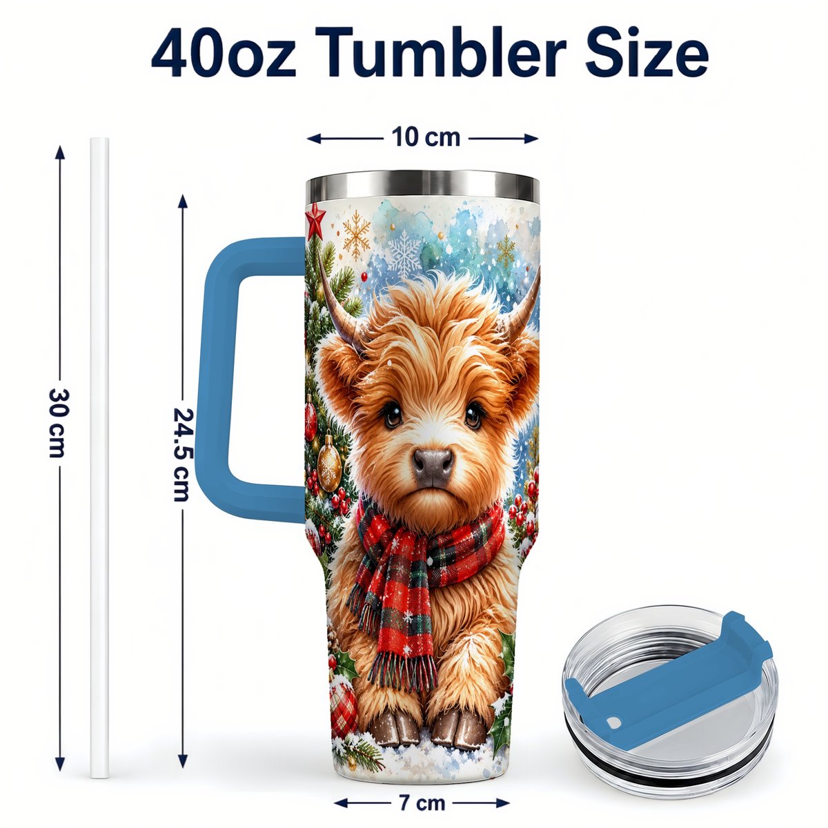 #pl[40oz|Blue] Highland Cow Scarf 40oz Tumbler with Handle, Christmas Travel Cup
