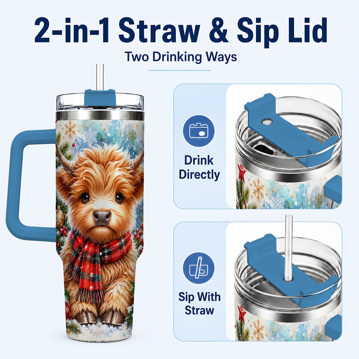 #pl[40oz|Blue] Highland Cow Scarf 40oz Tumbler with Handle, Christmas Travel Cup