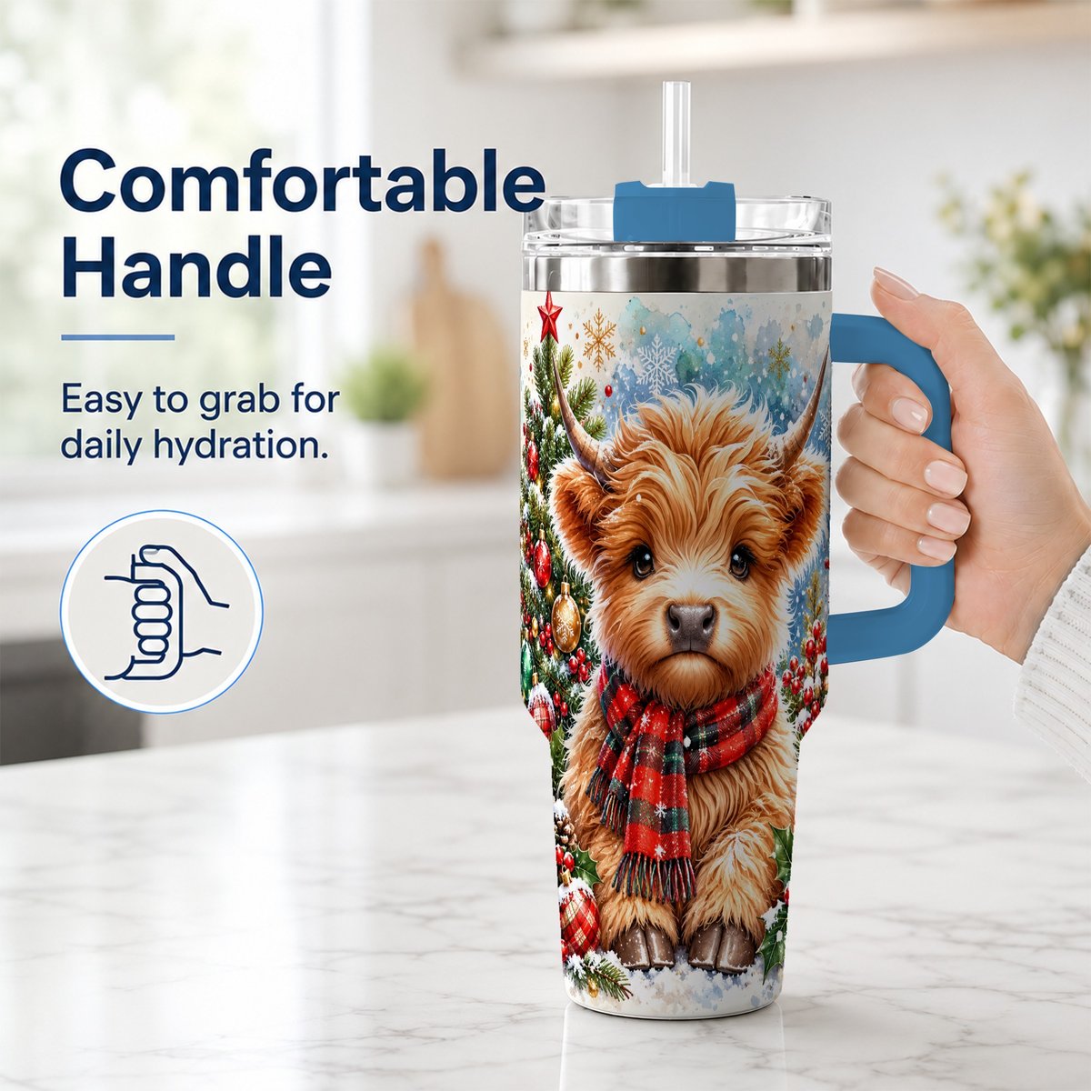 #pl[40oz|Blue] Highland Cow Scarf 40oz Tumbler with Handle, Christmas Travel Cup