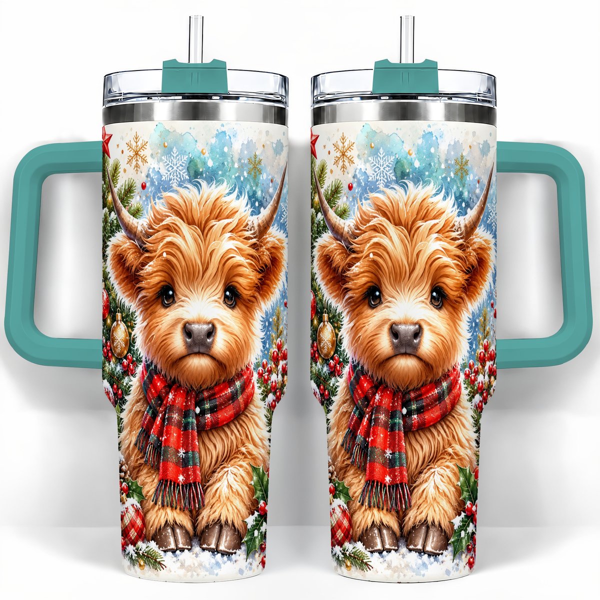 #pl[40oz|Green] Highland Cow Scarf 40oz Tumbler with Handle, Christmas Travel Cup