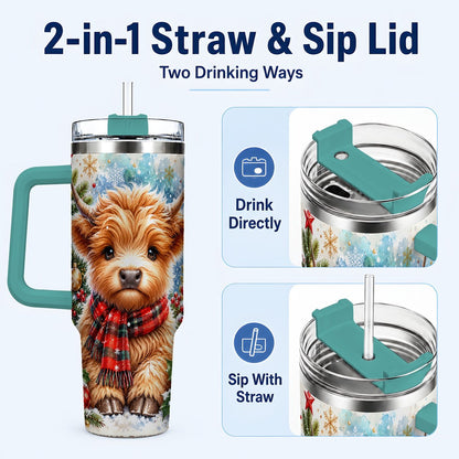 #pl[40oz|Green] Highland Cow Scarf 40oz Tumbler with Handle, Christmas Travel Cup