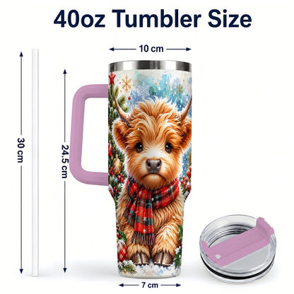 #pl[40oz|Pink] Highland Cow Scarf 40oz Tumbler with Handle, Christmas Travel Cup
