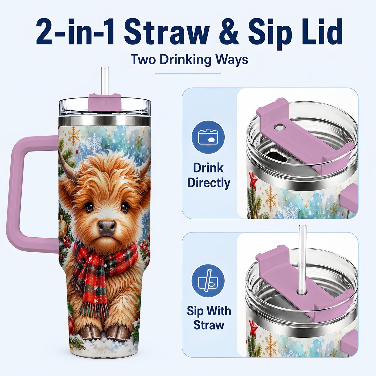 #pl[40oz|Pink] Highland Cow Scarf 40oz Tumbler with Handle, Christmas Travel Cup