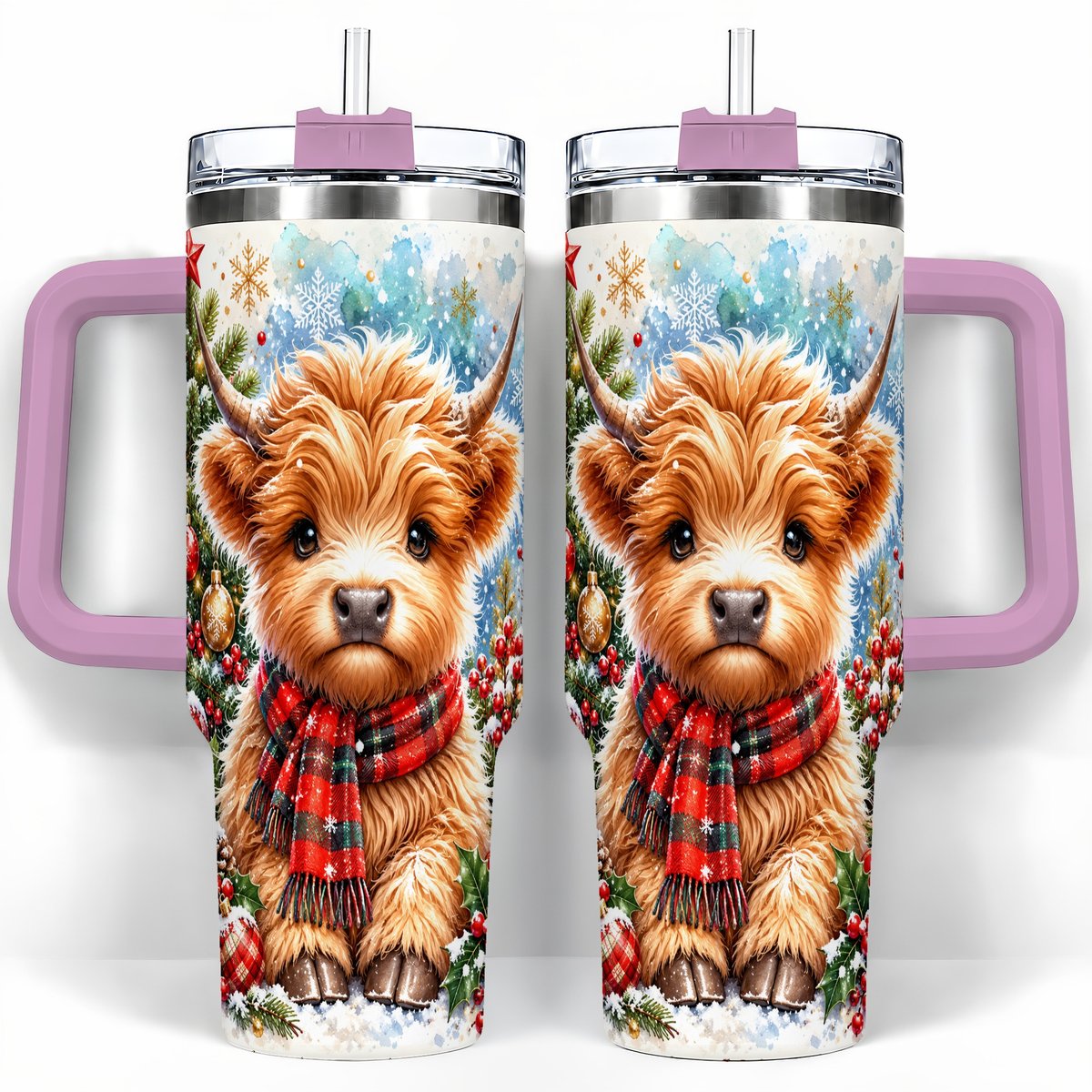 #pl[40oz|Pink] Highland Cow Scarf 40oz Tumbler with Handle, Christmas Travel Cup