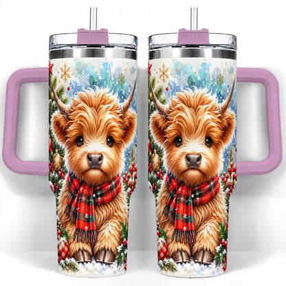 #pl[40oz|Pink] Highland Cow Scarf 40oz Tumbler with Handle, Christmas Travel Cup