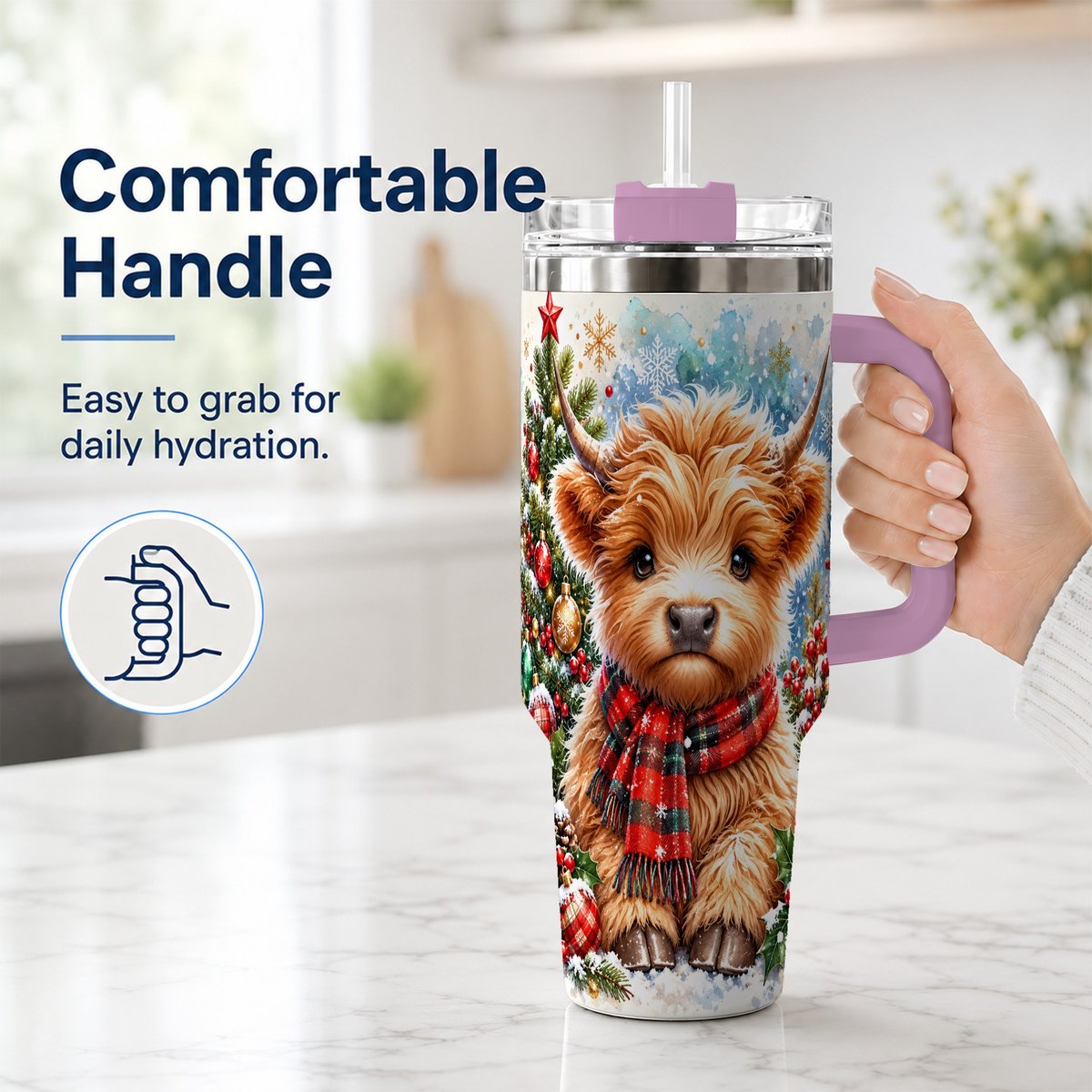#pl[40oz|Pink] Highland Cow Scarf 40oz Tumbler with Handle, Christmas Travel Cup