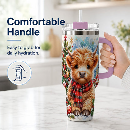#pl[40oz|Pink] Highland Cow Scarf 40oz Tumbler with Handle, Christmas Travel Cup