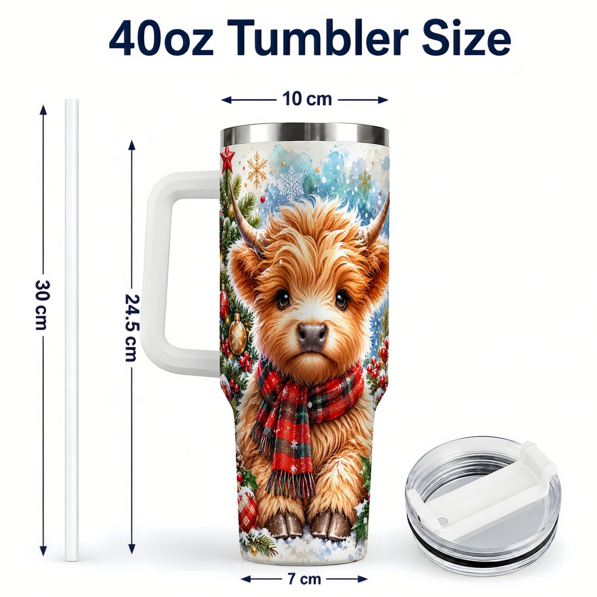 #pl[40oz|White] Highland Cow Scarf 40oz Tumbler with Handle, Christmas Travel Cup