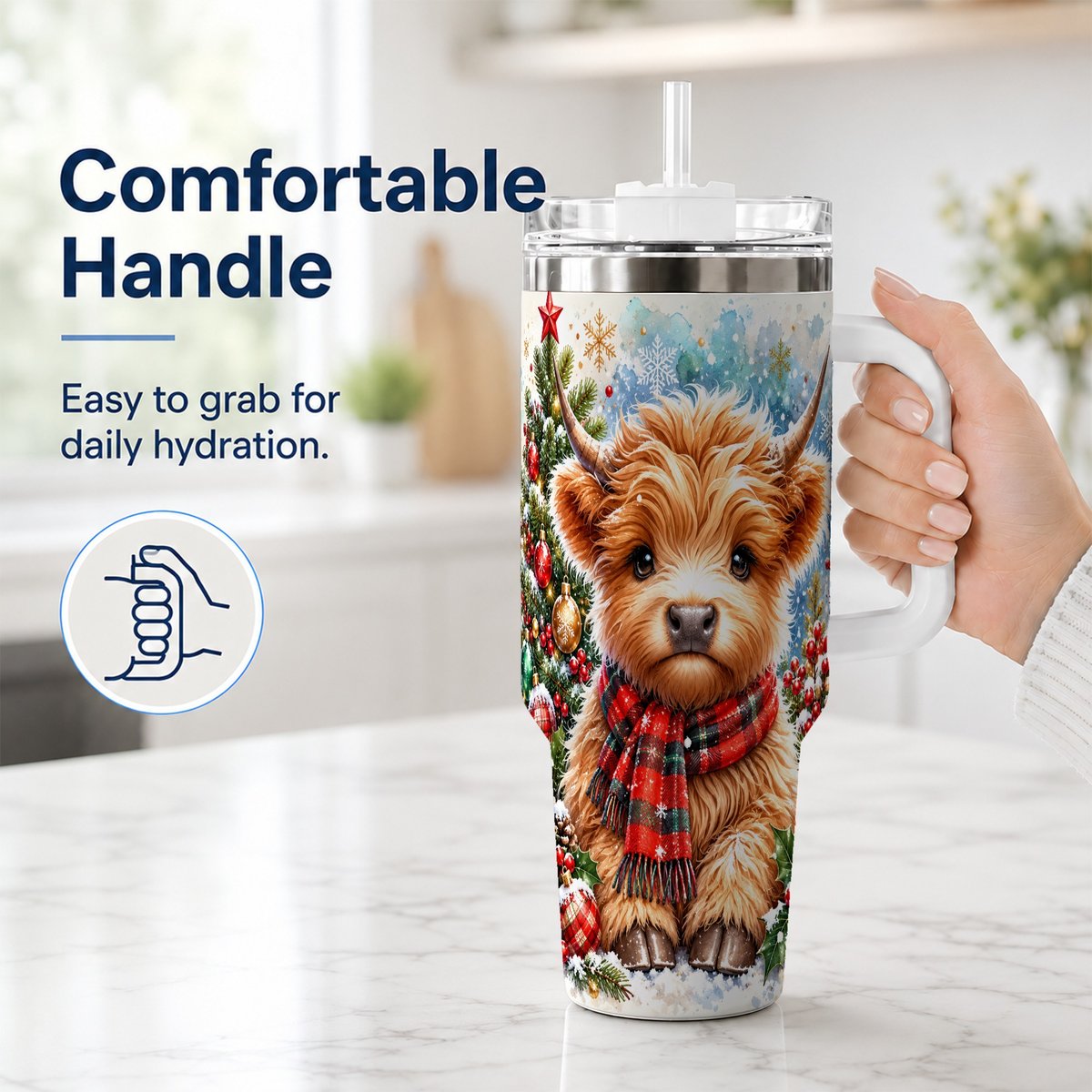 #pl[40oz|White] Highland Cow Scarf 40oz Tumbler with Handle, Christmas Travel Cup