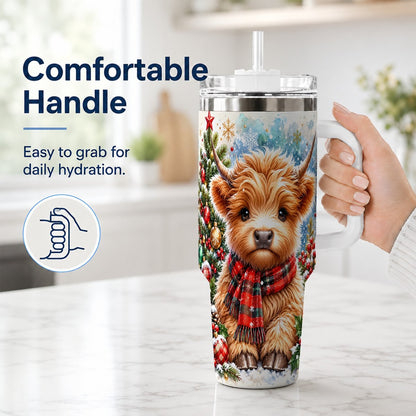 #pl[40oz|White] Highland Cow Scarf 40oz Tumbler with Handle, Christmas Travel Cup