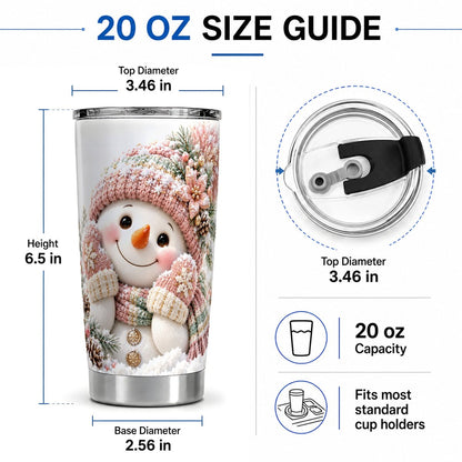#pl[20oz|Steel] Pink Christmas Snowman Tumbler 20oz, Knitted-Look Art