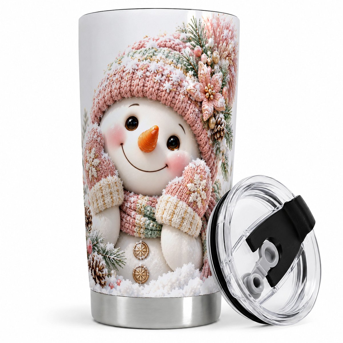 Pink Christmas Snowman Tumbler 20oz, Knitted-Look Art