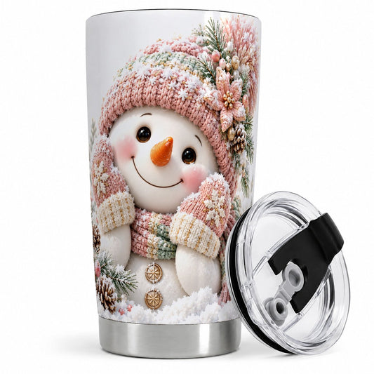 Pink Christmas Snowman Tumbler 20oz, Knitted-Look Art