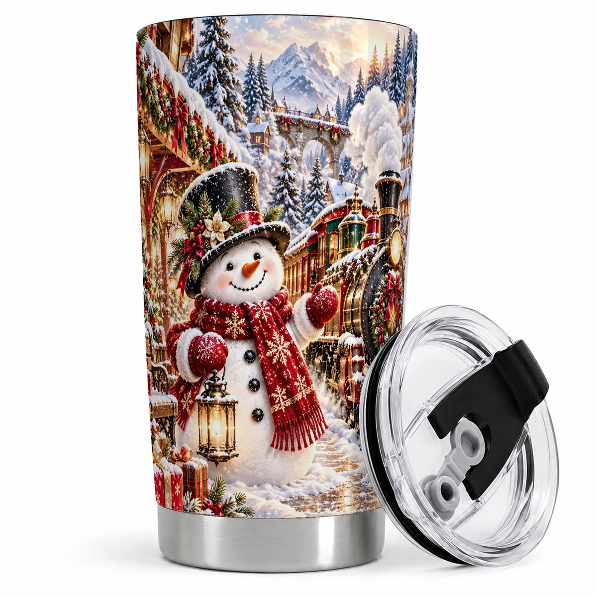 Christmas Snowman and Train Tumbler 20oz, Winter Village Art
