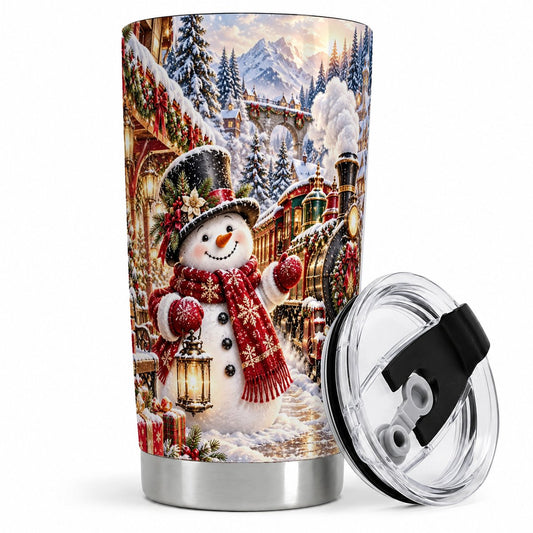 Christmas Snowman and Train Tumbler 20oz, Winter Village Art