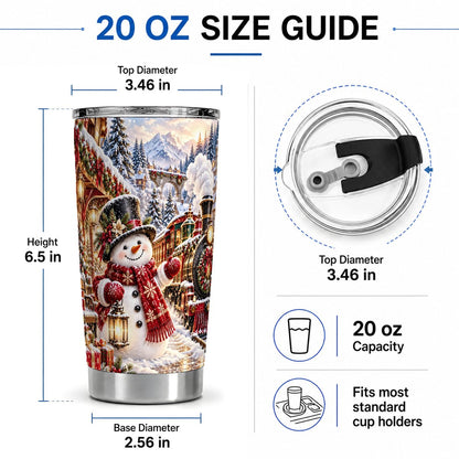 #pl[20oz|Steel] Christmas Snowman and Train Tumbler 20oz, Winter Village Art