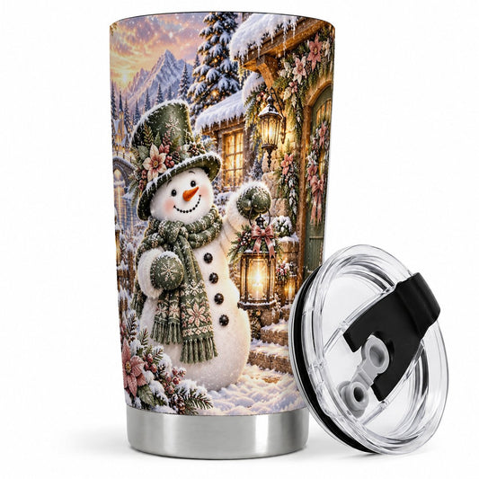 Snowman at Winter Cottage Tumbler 20oz, Lantern Scene