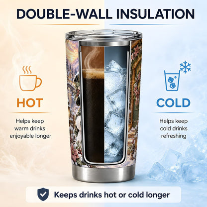 Snowman at Winter Cottage Tumbler 20oz, Lantern Scene