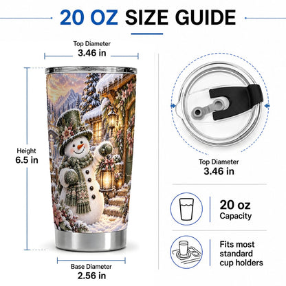#pl[20oz|Steel] Snowman at Winter Cottage Tumbler 20oz, Lantern Scene