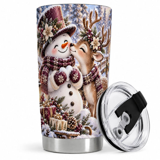 Christmas Snowman and Reindeer Tumbler 20oz, Winter Art