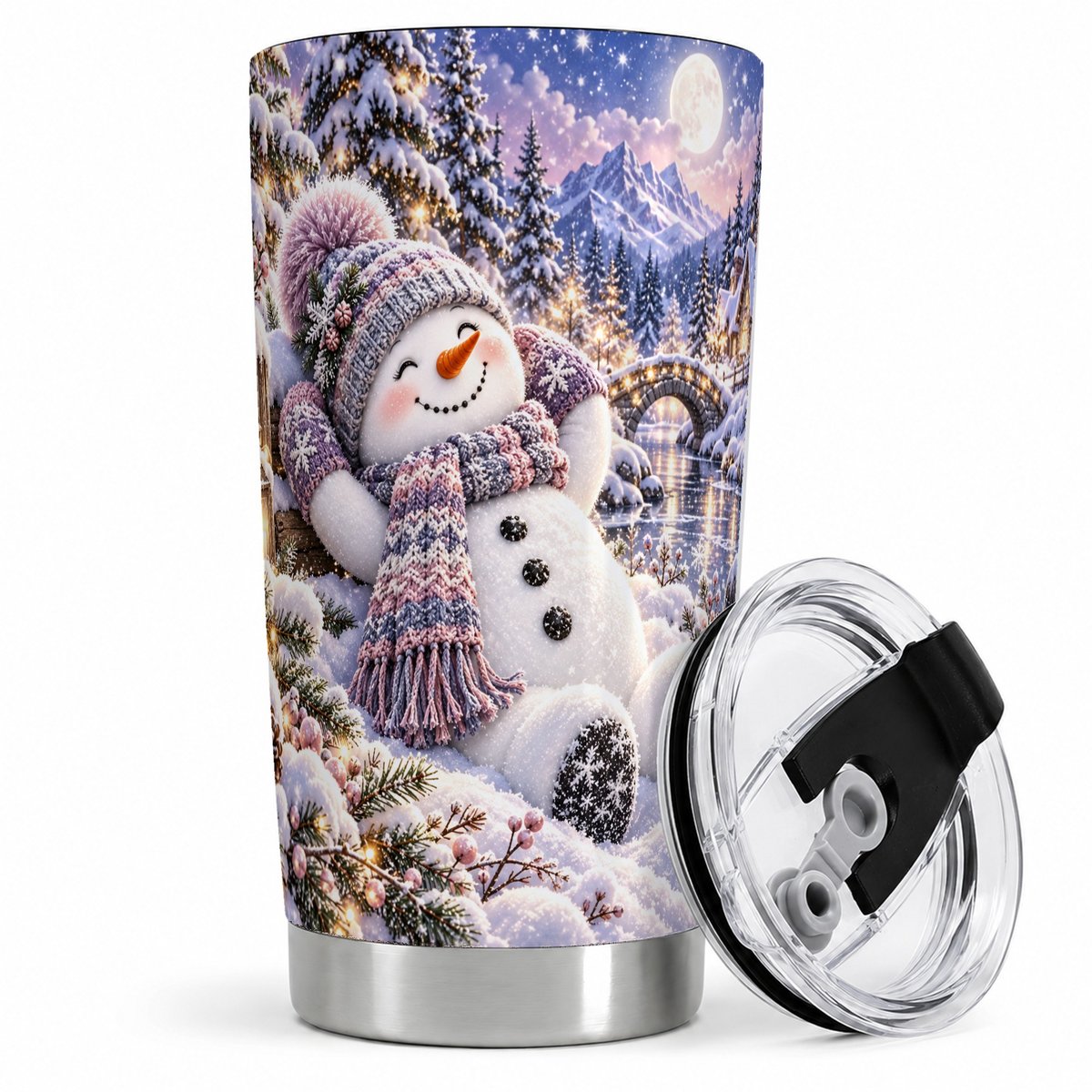 Moonlit Snowman Tumbler 20oz, Cozy Winter Art