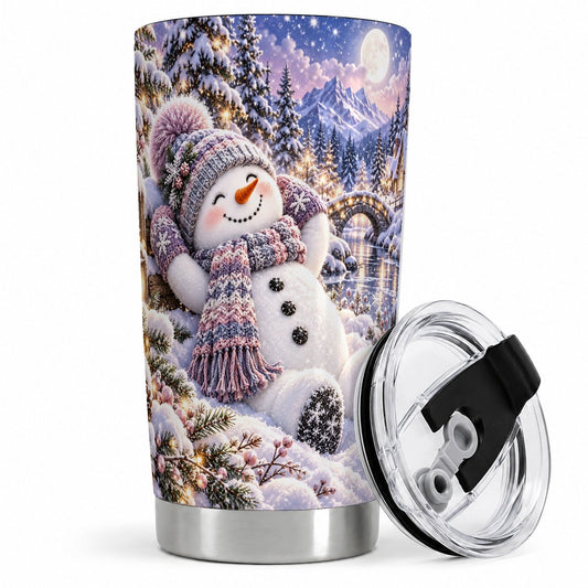 Moonlit Snowman Tumbler 20oz, Cozy Winter Art