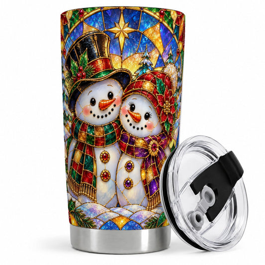 Christmas Snowman Couple Tumbler 20oz, Stained Glass Effect