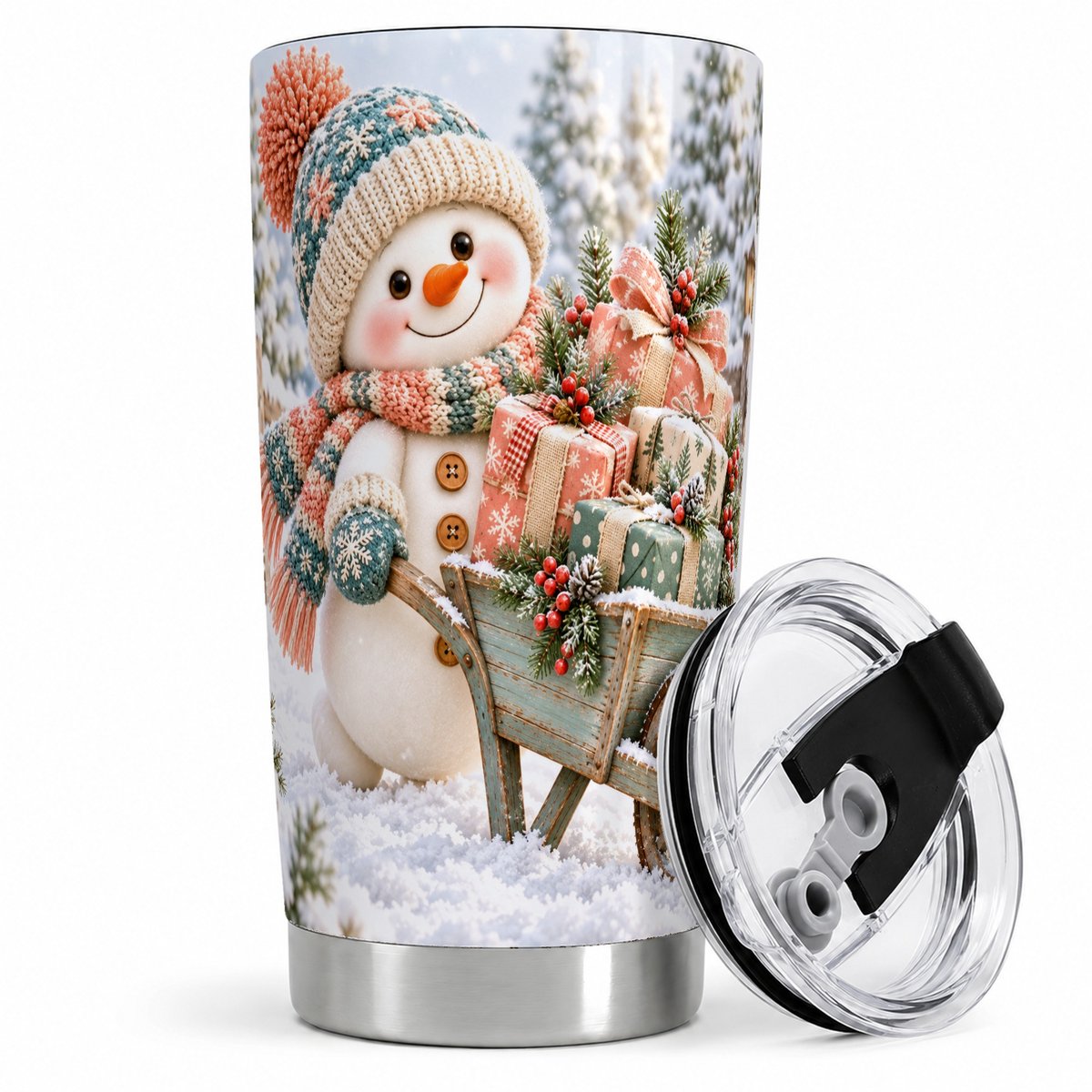 Christmas Snowman with Wheelbarrow Tumbler 20oz, Winter Art