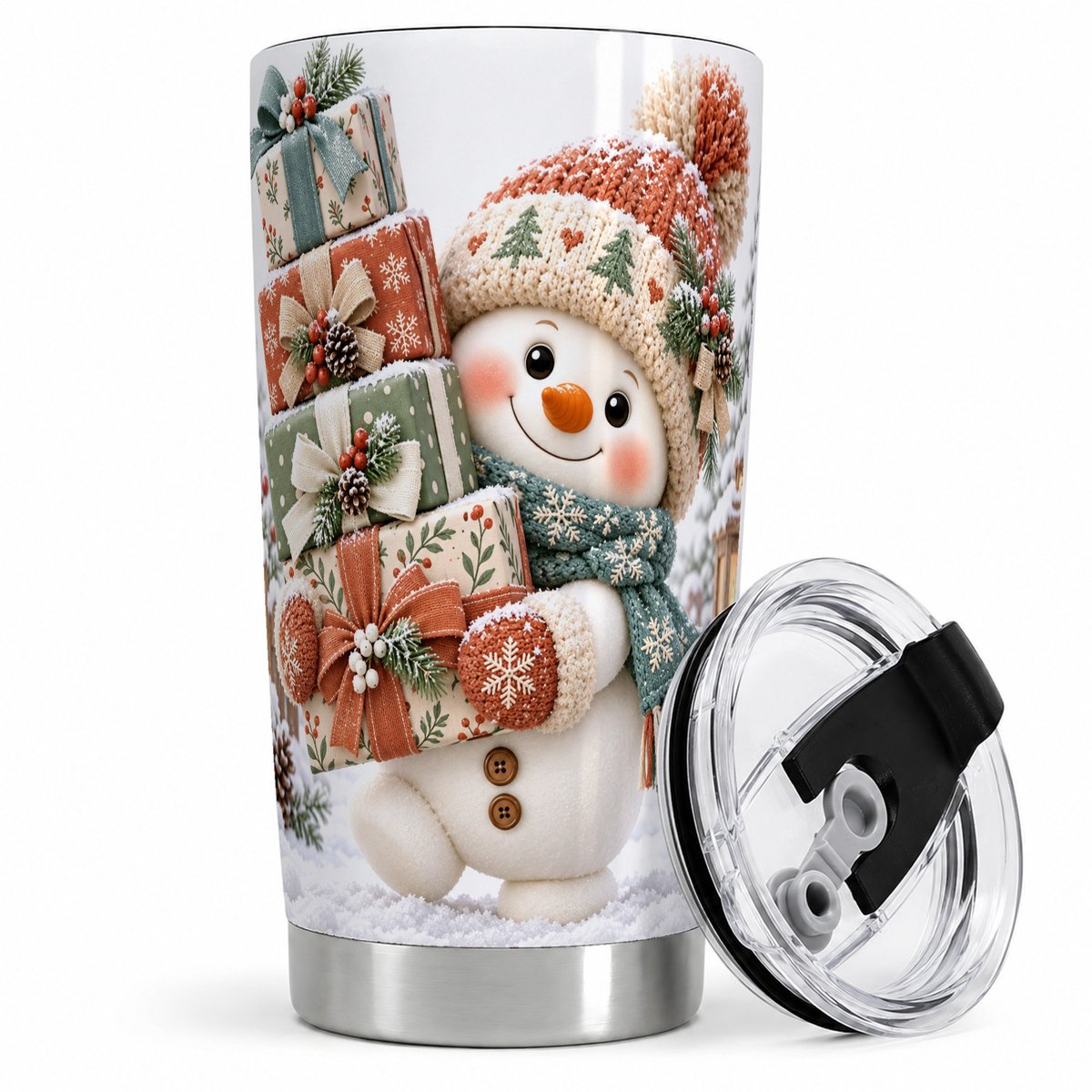Christmas Snowman with Packages Tumbler 20oz, Cozy Knit Art