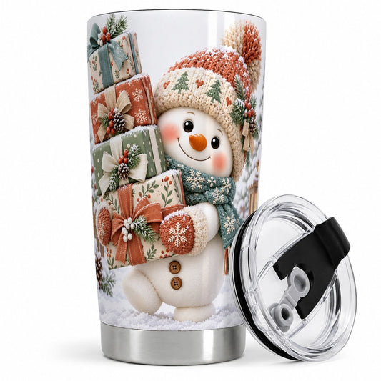 Christmas Snowman with Packages Tumbler 20oz, Cozy Knit Art